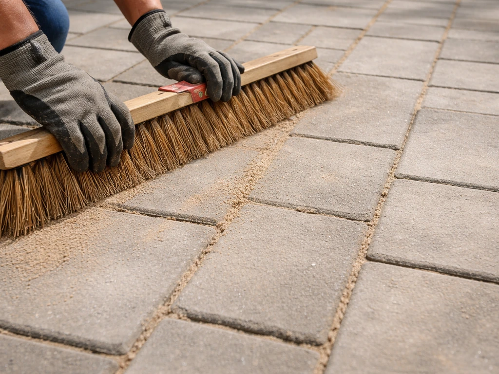 Person sweeping polymeric joint sand into paver patio cracks after pressure washing.