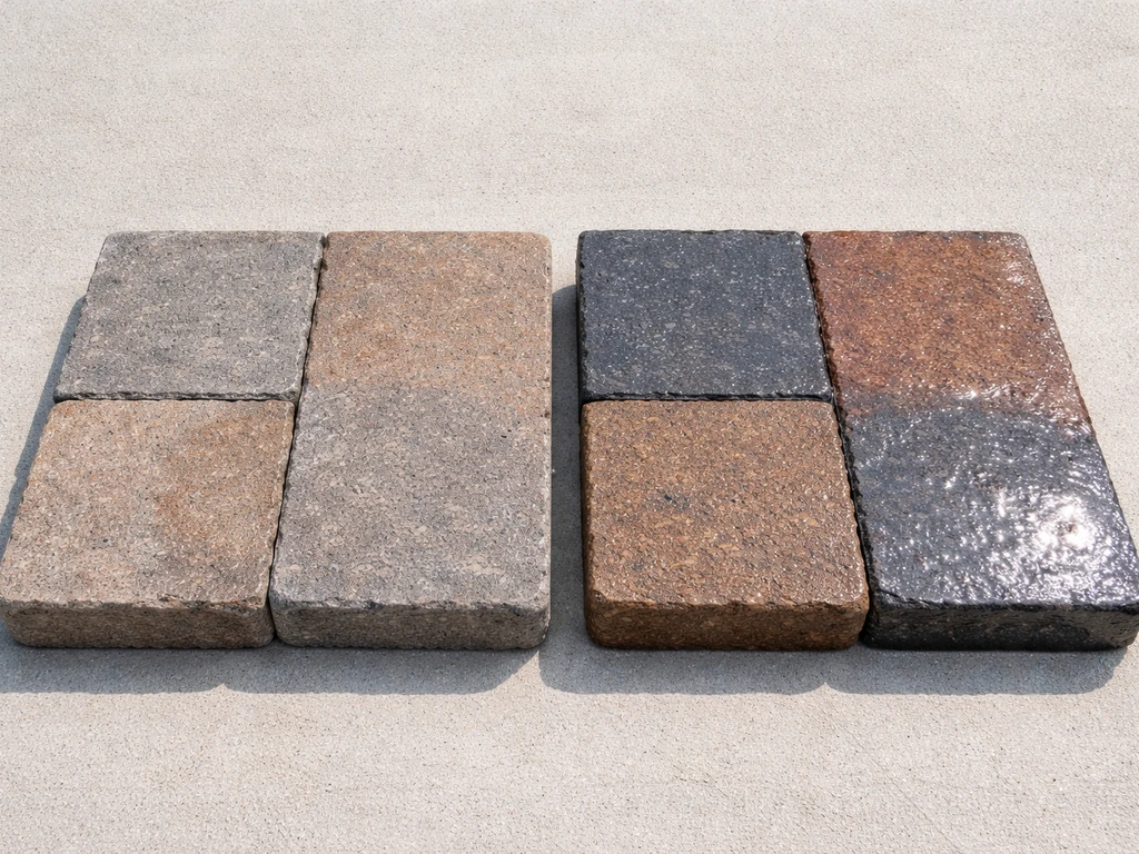 Two side-by-side paver samples showing subtle vs glossy wet-look sealer sheen and color enhancement.