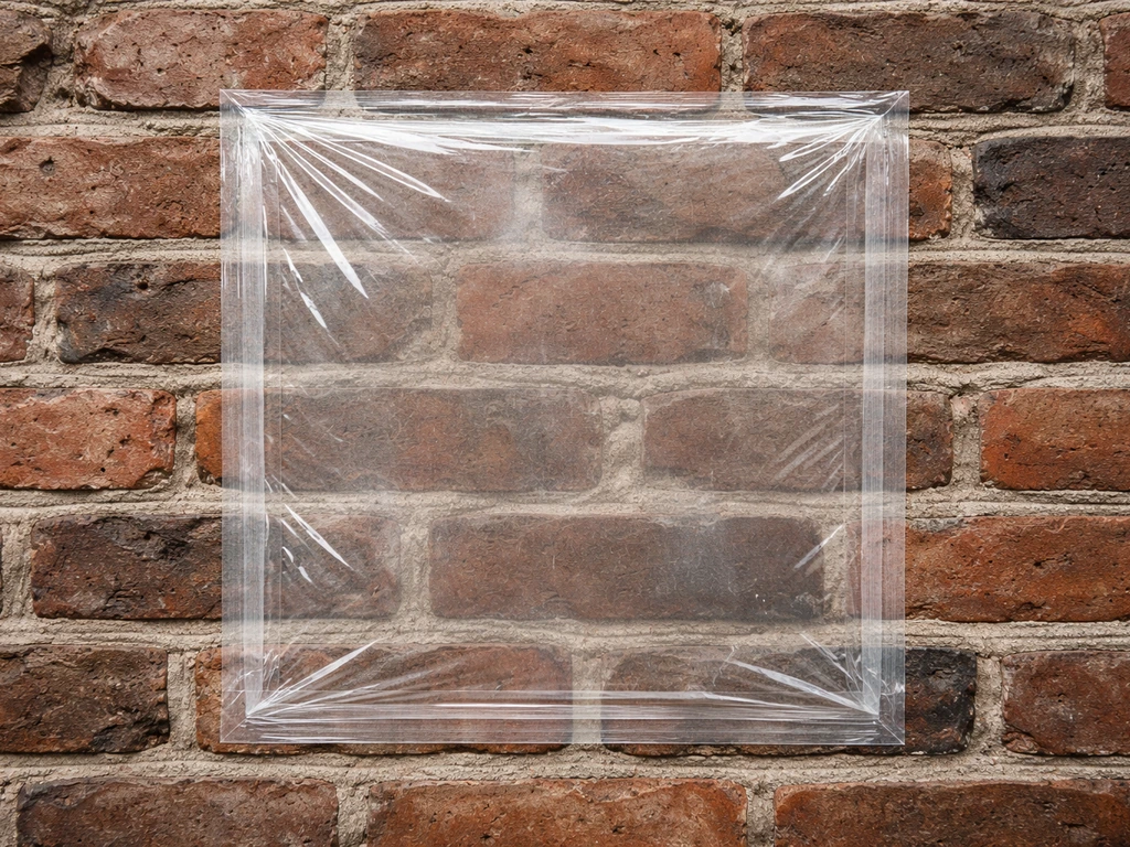 Plastic sheeting taped tightly over brick wall for a moisture check