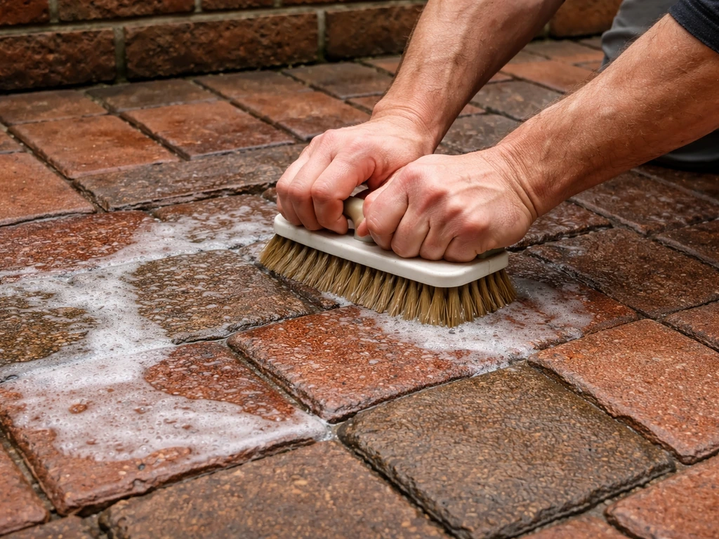Hands scrubbing a brick patio with a stiff brush while patio cleaner wets the bricks.