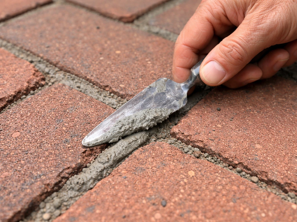Contractor’s trowel filling and smoothing mortar joints on a brick patio before sealing