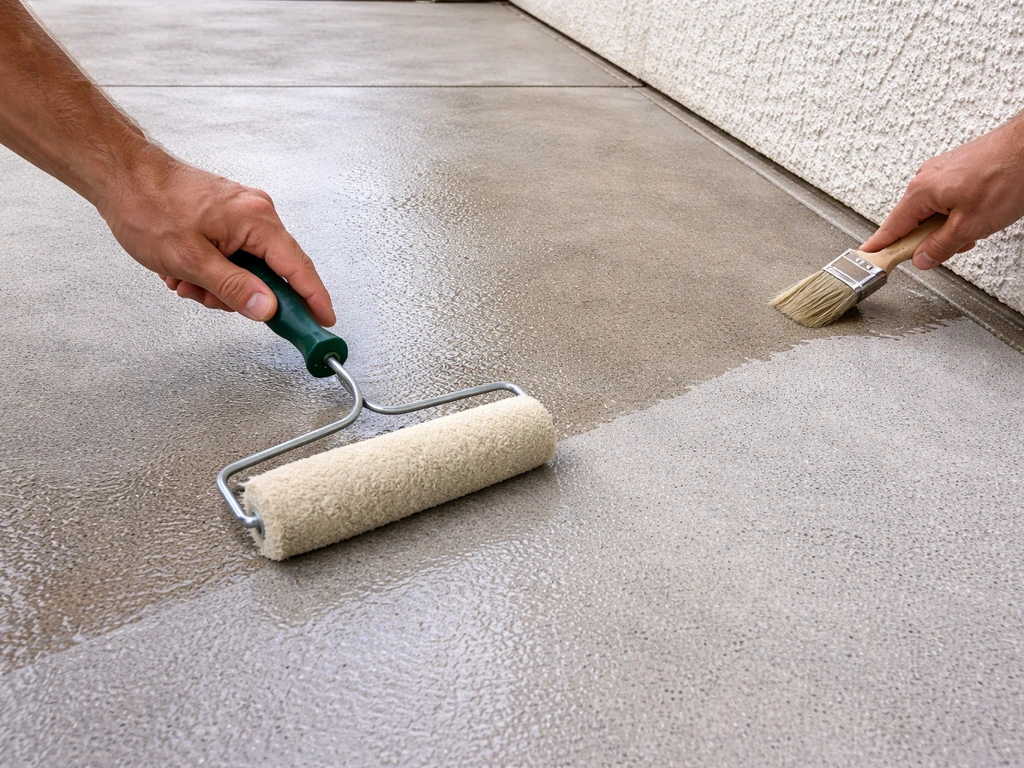 Person rolling patio sealer across concrete while a brush works along edges and joints