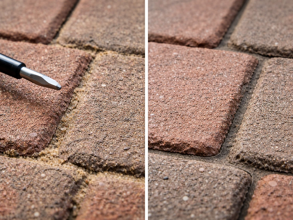Closeup comparison of sand-set versus mortar-set brick joints on an outdoor patio.