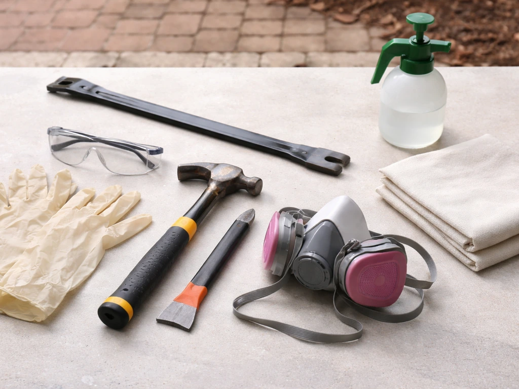 Clean workbench with PPE and brick-removal tools laid out, ready for dust-safe patio demolition.