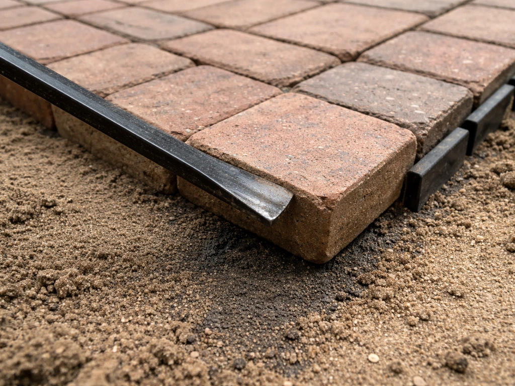 A flat pry bar lifts a patio brick corner off a sand-set base, with loose sand visible around it.