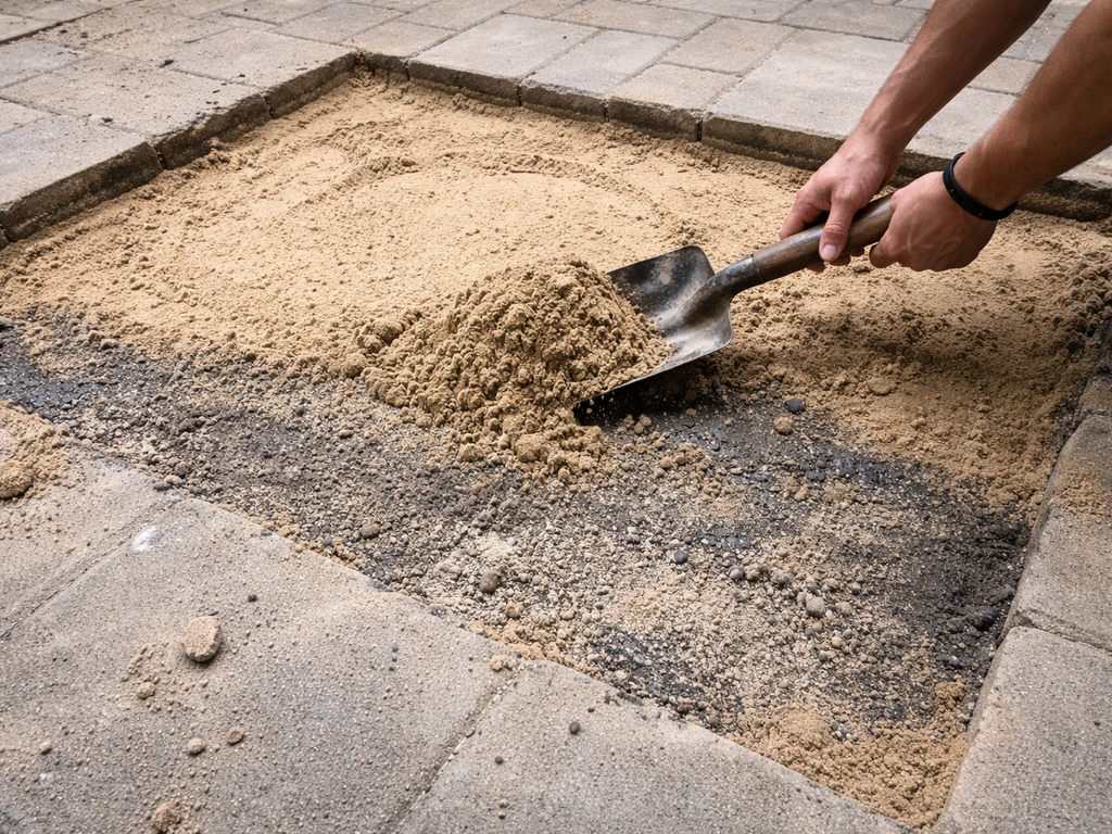 Hands shoveling exposed patio bedding sand into a pile after bricks are removed.