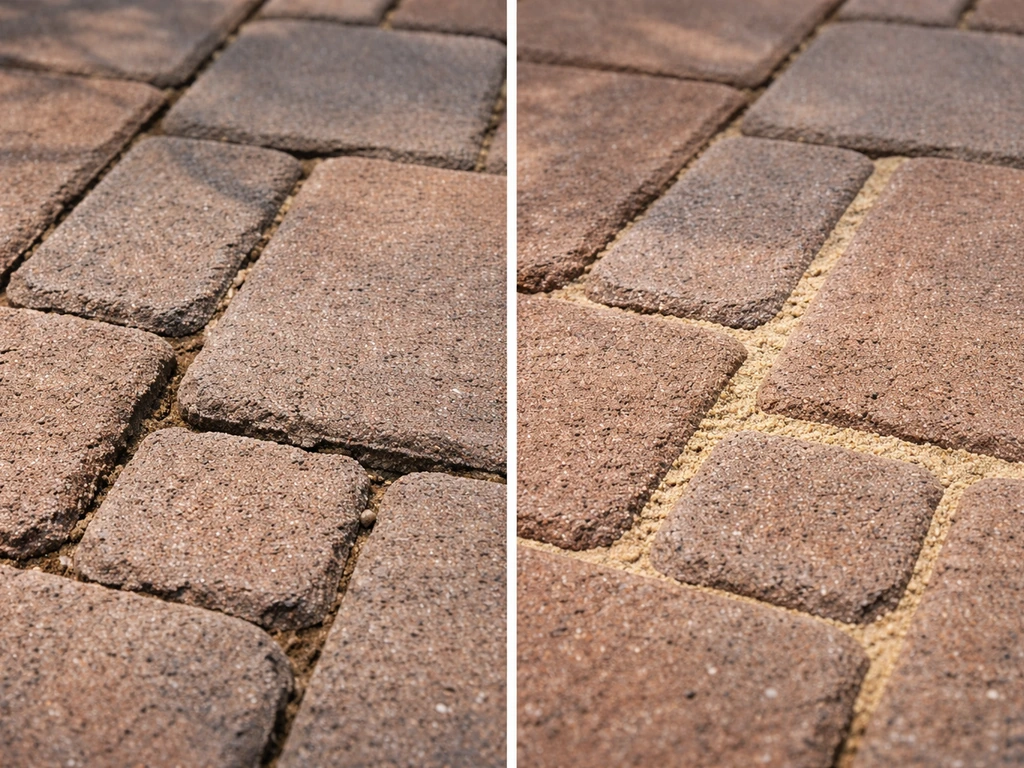 Close-up of a brick patio with cracks filled with fresh jointing sand between pavers.