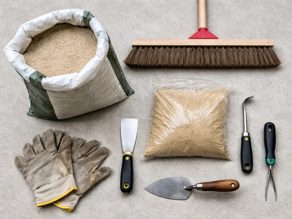 Flat-lay of DIY tools and materials for filling brick patio cracks, including polymeric sand and masonry tools.