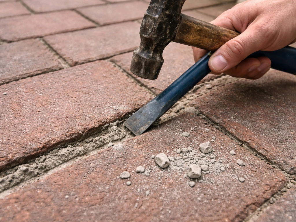 Person chipping out crumbling mortar from a brick patio joint with a cold chisel, 3/4-inch depth prep