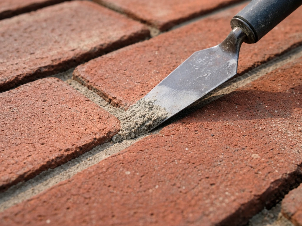Close-up of a pointing trowel packing tuckpointing mortar into a cleaned brick patio joint