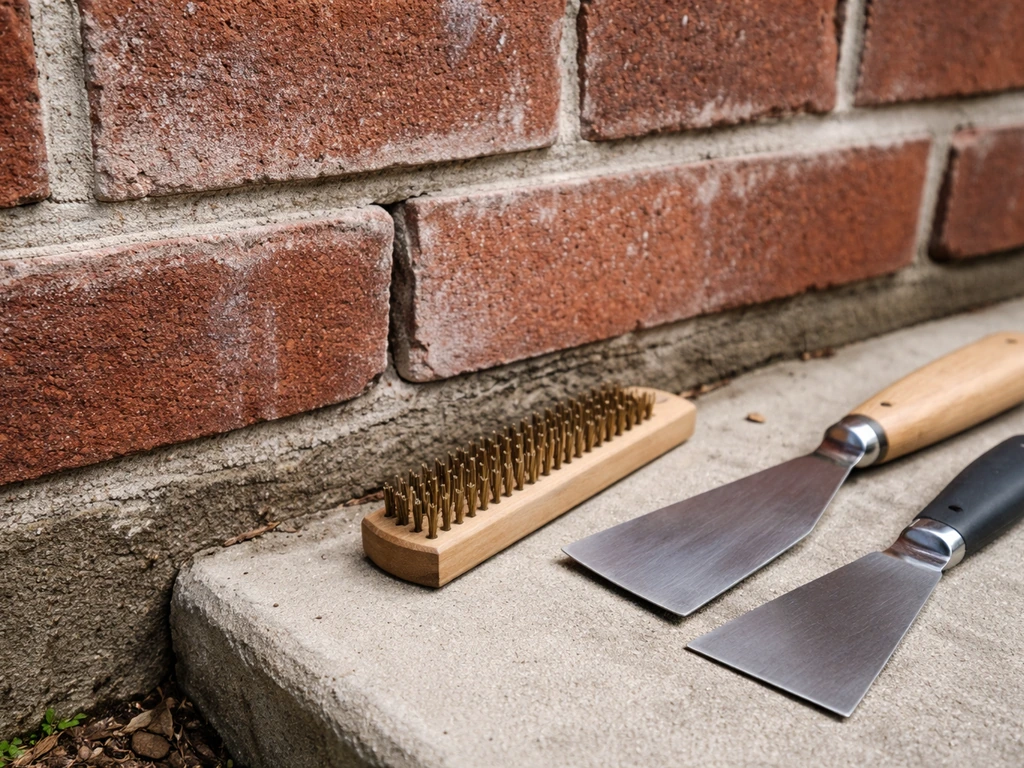 Close-up of white polymer residue on brick with a partially pulled mortar joint and nearby masonry tools