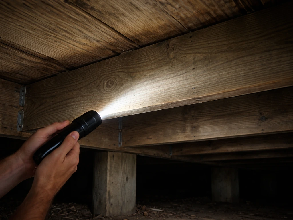 Hands under a wooden deck shining a flashlight across joists to check for softness or sag.