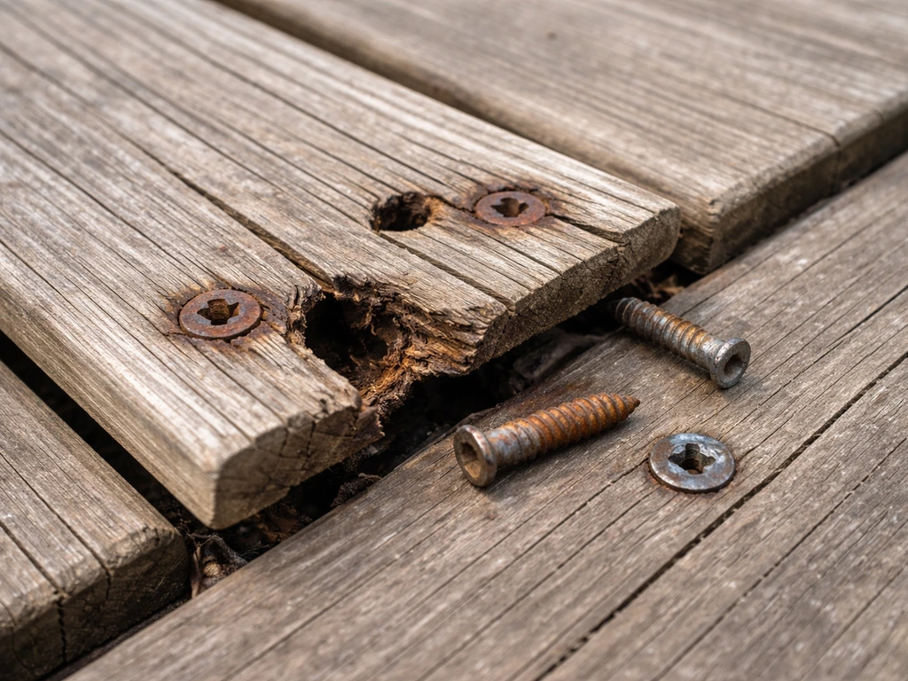 Closeup of rusted and missing deck fasteners near a lifted board corner, showing cracked wood around holes.