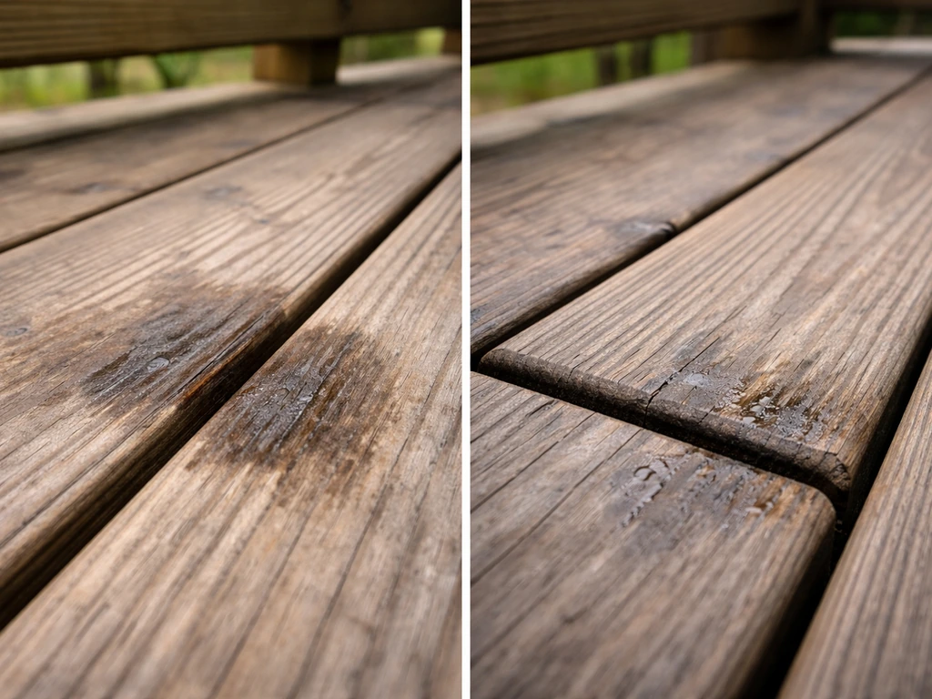 Close-up of deck boards with damp stains at gaps and nearly closed seams where water can pool.