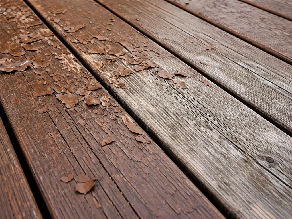Close-up of deck boards with peeling/flaking stain and a gray bare-wood edge where finish failed