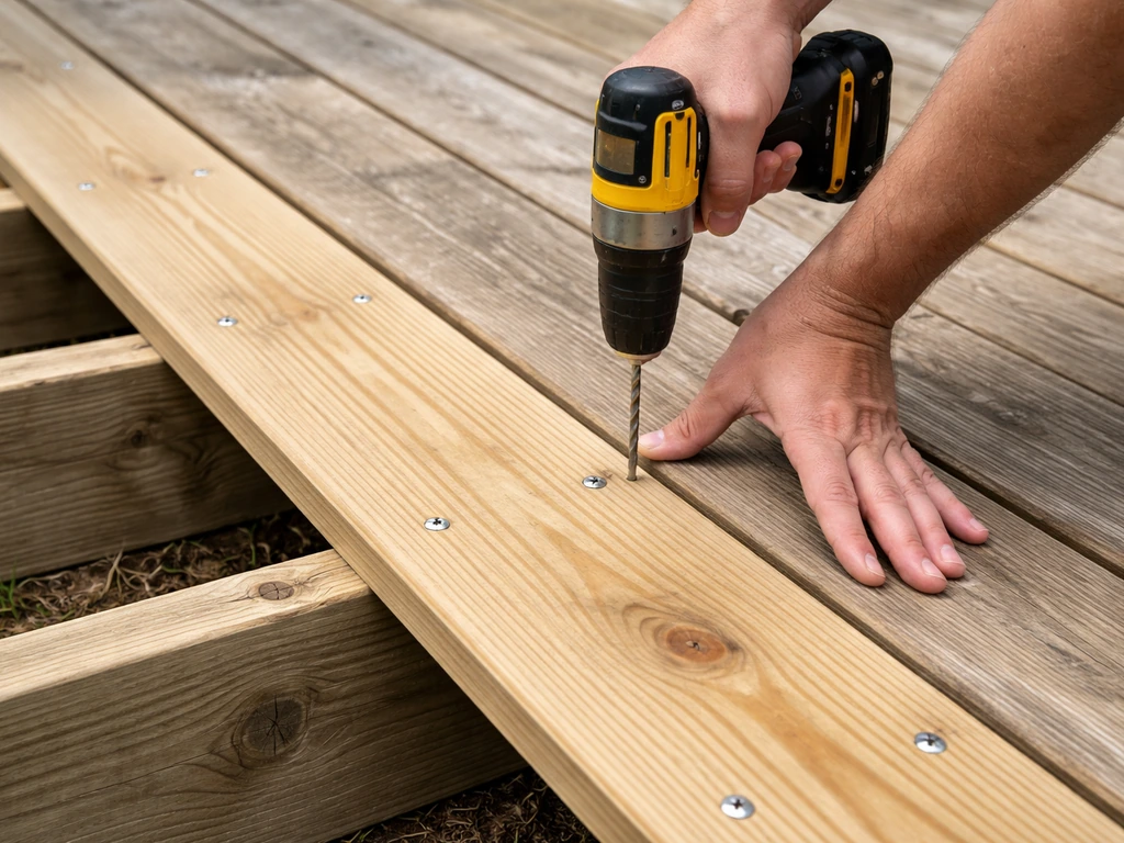Close-up of hands drilling exterior fasteners to secure a new deck board on sound joists.