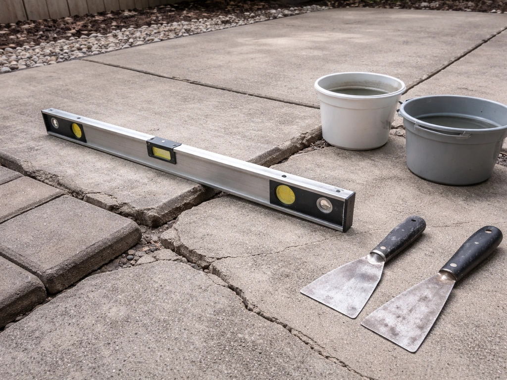 Cracked patio concrete with a level and repair tools beside patch compound and pavers.