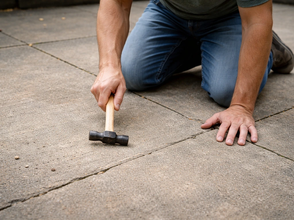Homeowner taps patio concrete with a hammer to test for problem areas.