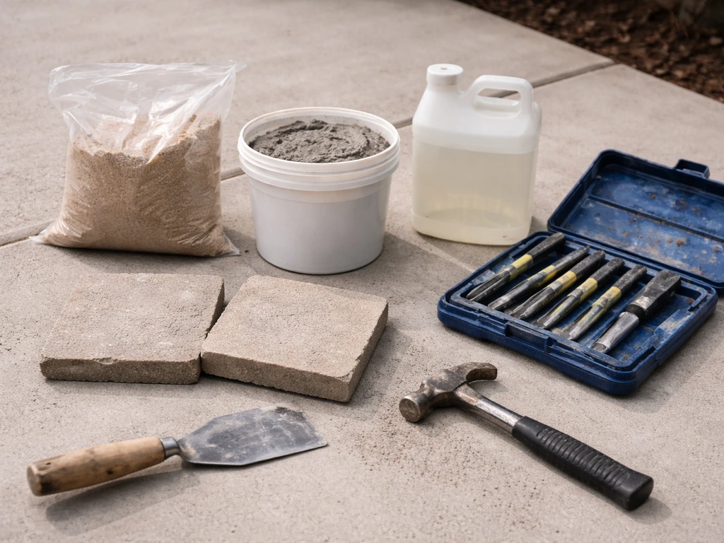 Exterior patio repair materials and tools laid out on concrete, including mortar, sealer, sand, trowel, chisel, and hamm