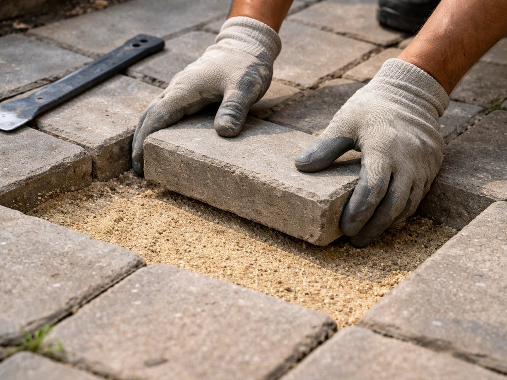 Gloved hands place an interlocking paver back into a leveled sand bed beside a pry bar.