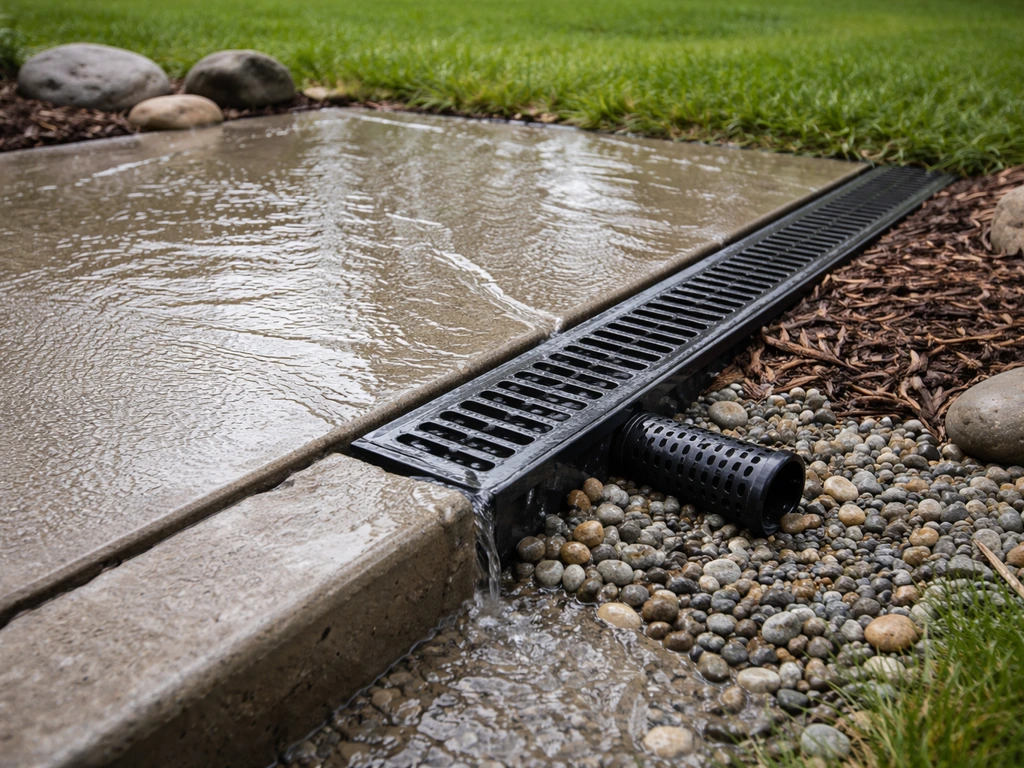 Patio slope with a surface channel drain redirecting rainwater away toward gravel drainage.