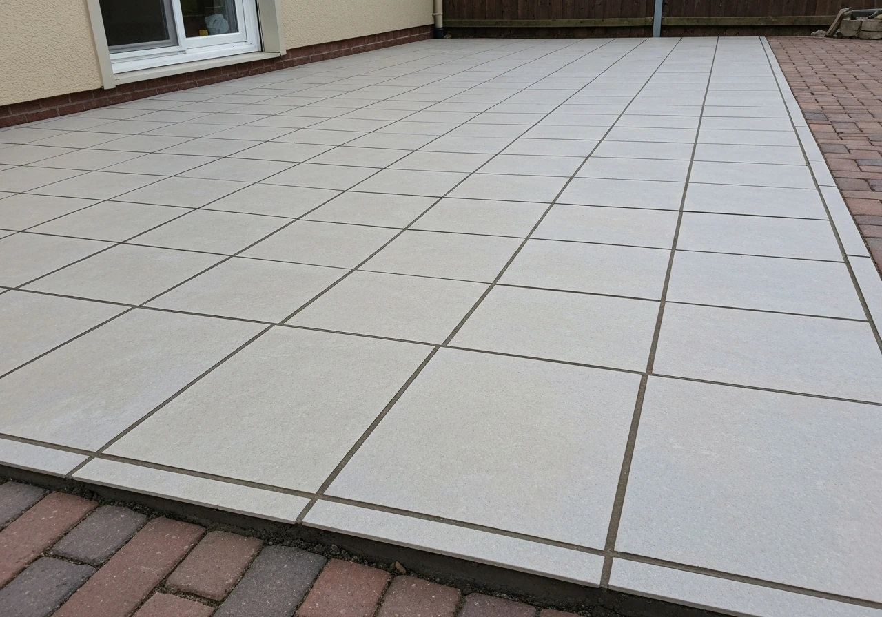 Finished tiled outdoor patio with neat grout lines and subtle expansion joints over old brick.