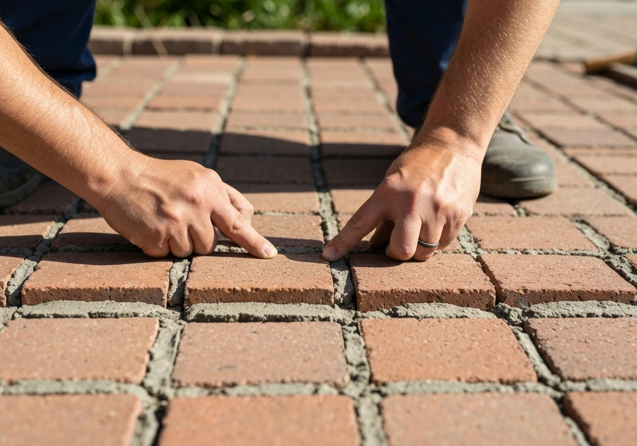 Close-up of a person inspecting a brick patio mortar line for cracks and loose bricks.