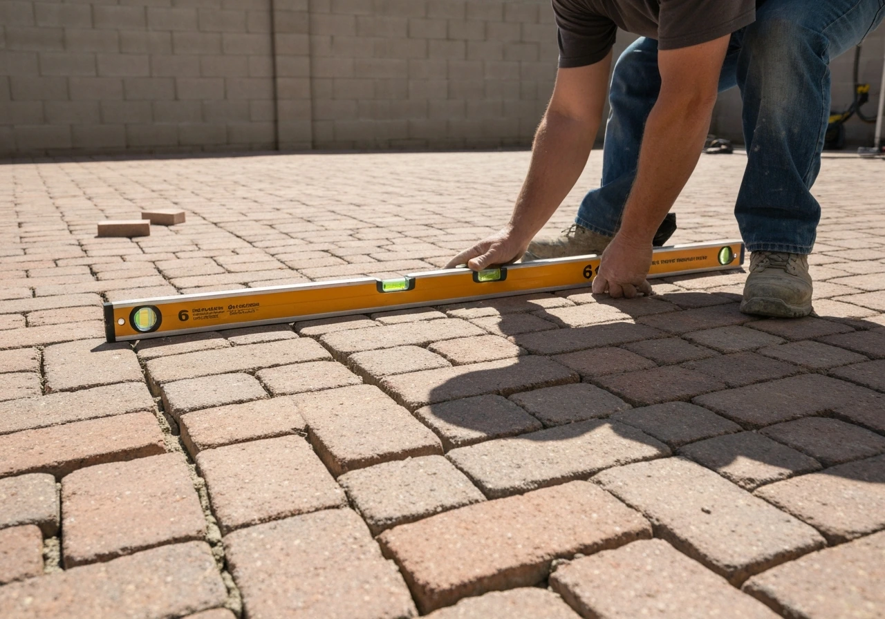 A long straightedge and level laid across a brick patio to reveal high and low spots.