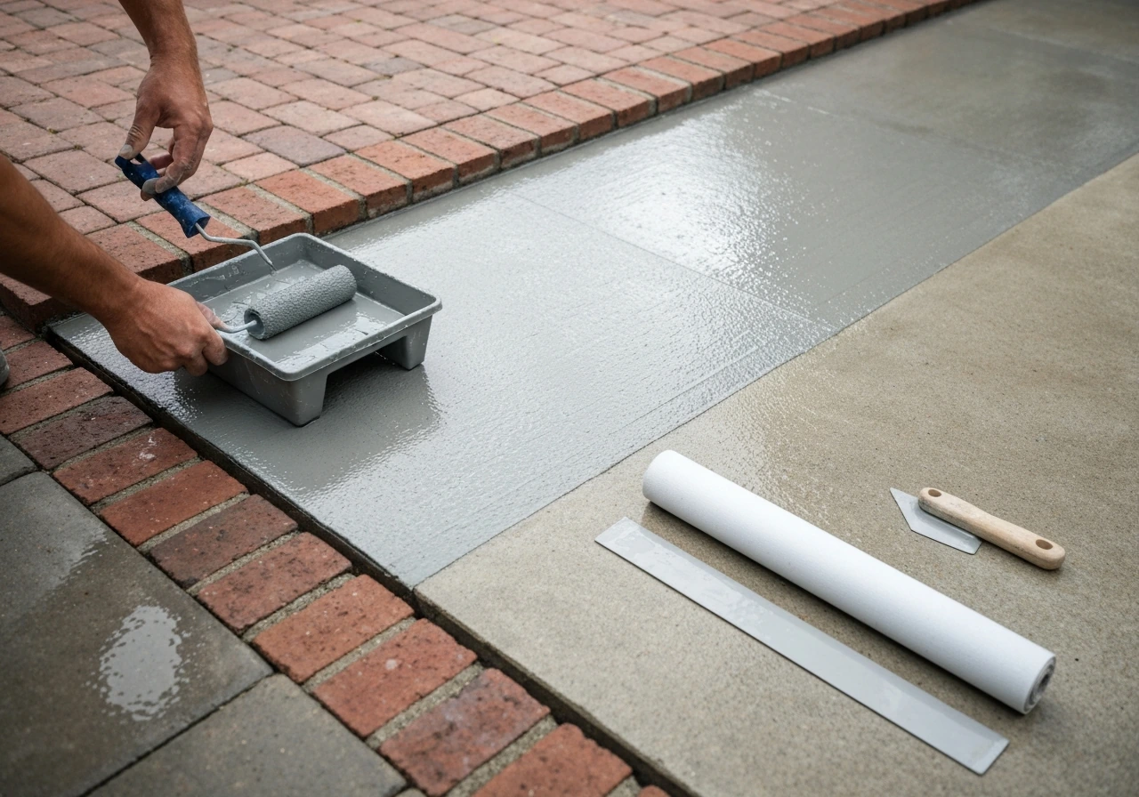 Hands applying liquid waterproofing on a prepared concrete patio base beside membrane rolls and tools.