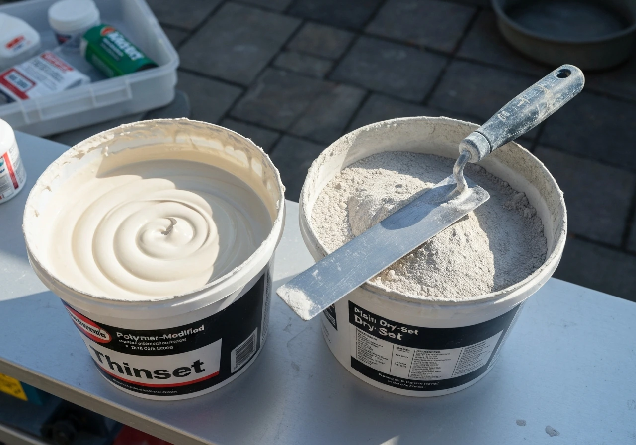 Close-up of two tubs labeled mortar types and a trowel near mixed polymer-modified thinset