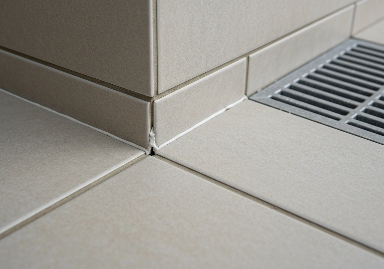 Close-up of a tiled edge with a flexible expansion joint and slight slope toward a drain.