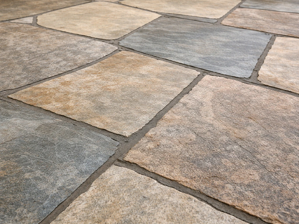 Freshly repaired flagstone patio with a few reset stones flush and clean, filled mortar joints.