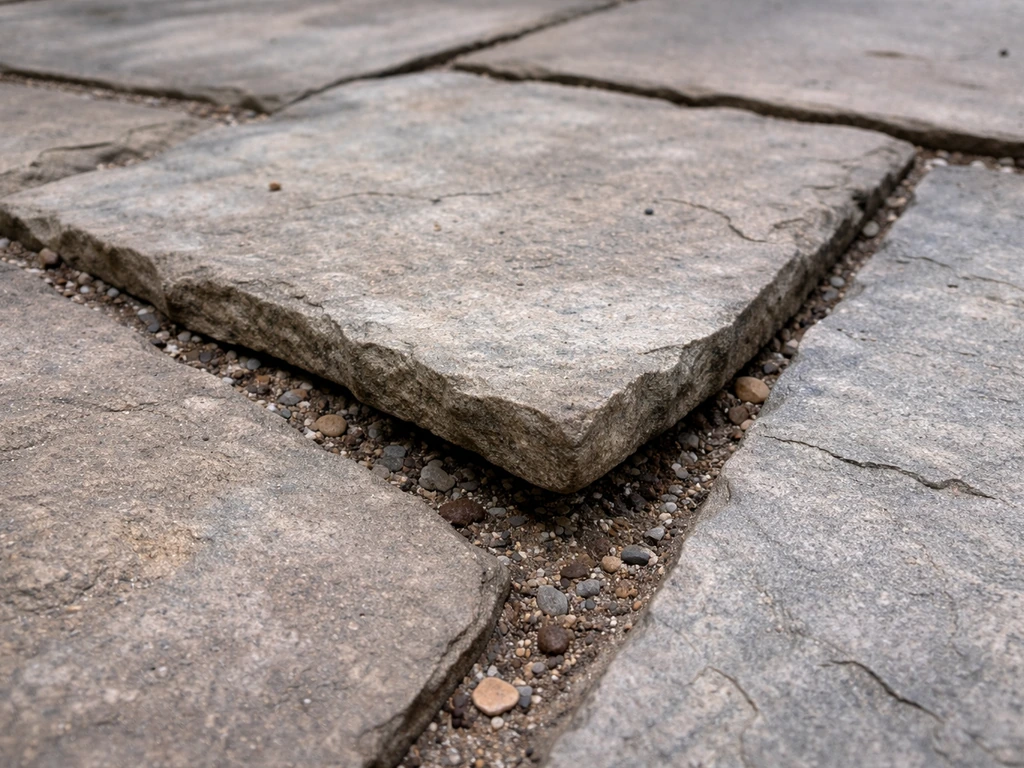 Close-up of a rocking flagstone with a cracked joint line where bedding has washed out.