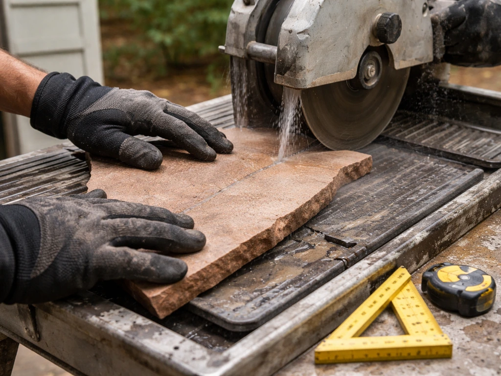 Gloved hands trimming a flagstone with a wet-cut masonry saw using a simple template on a workbench.