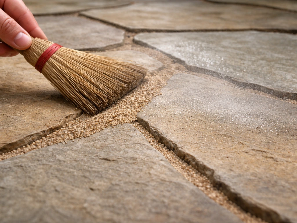 Hand sweeps polymeric sand into flagstone patio joints, then mists water to help it cure.