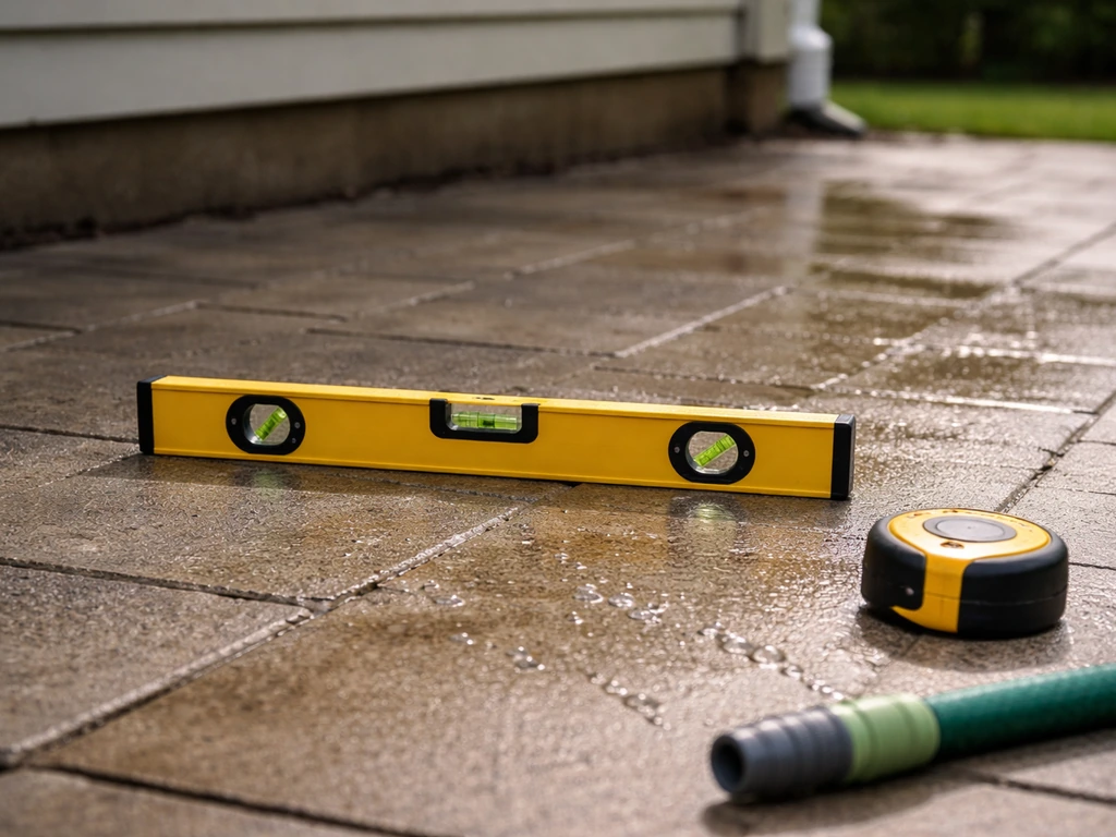 Straightedge and level on a patio showing slope directing water away from the house