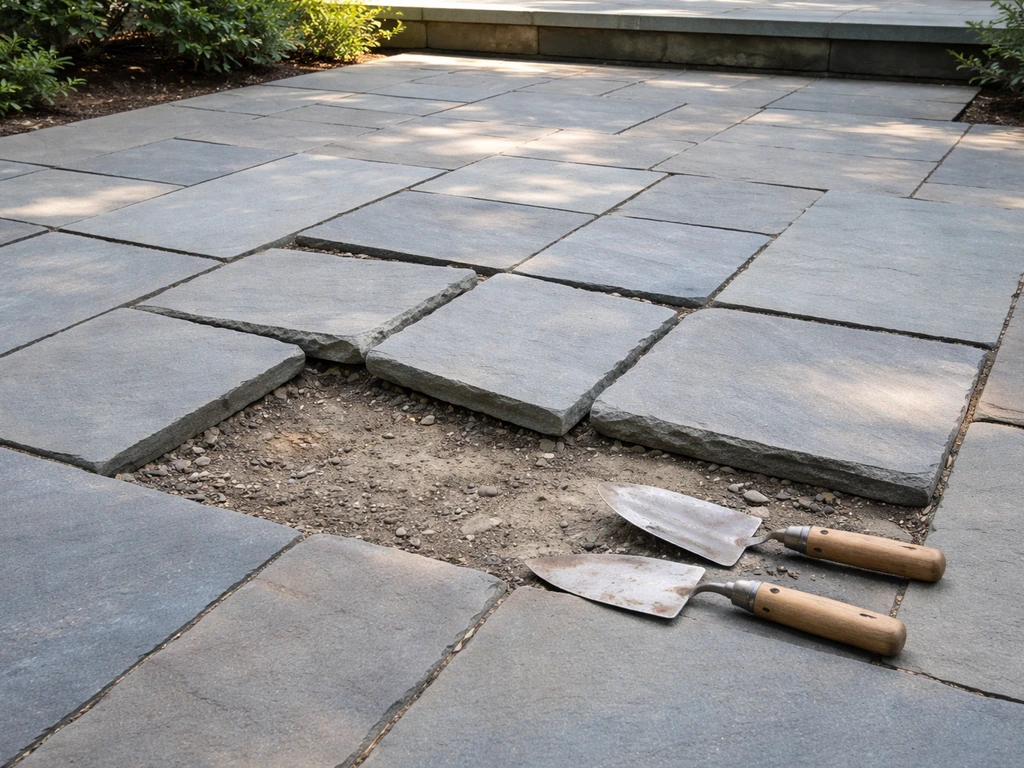 Bluestone patio with one sunken, uneven section where slabs are being reset for DIY repair.