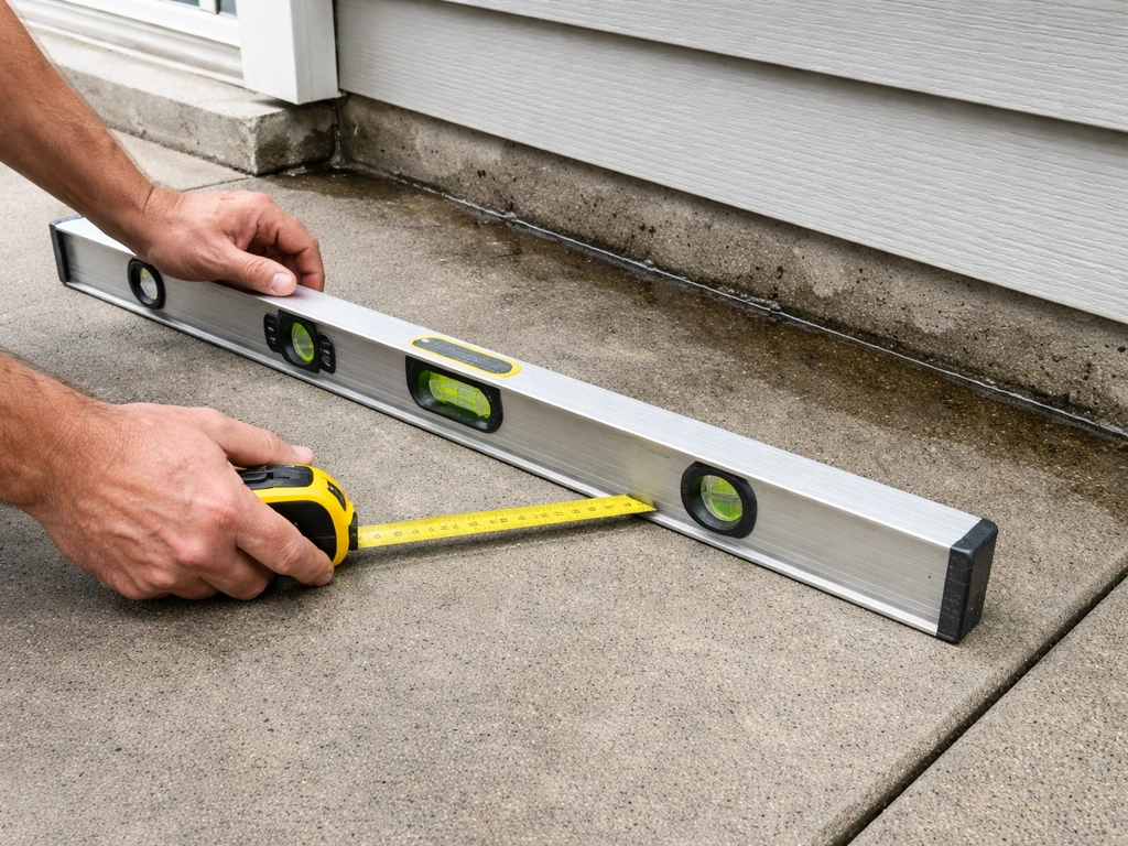 Person measuring patio slope with a 4-foot level and tape near pooled water by a house