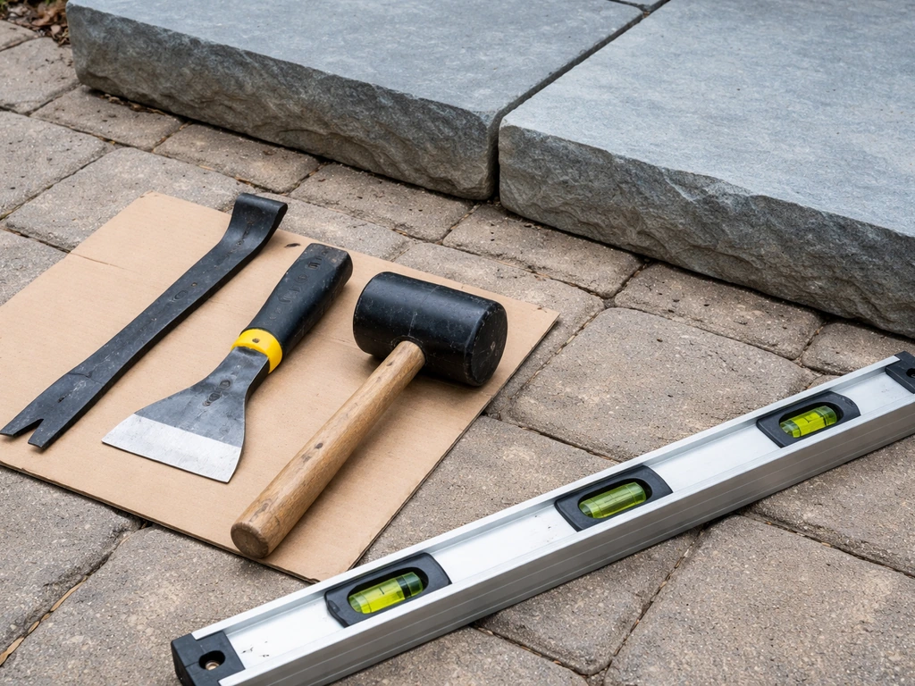 Bluestone re-leveling tools laid out: pry bar, rubber mallet, and level on a clean work surface.