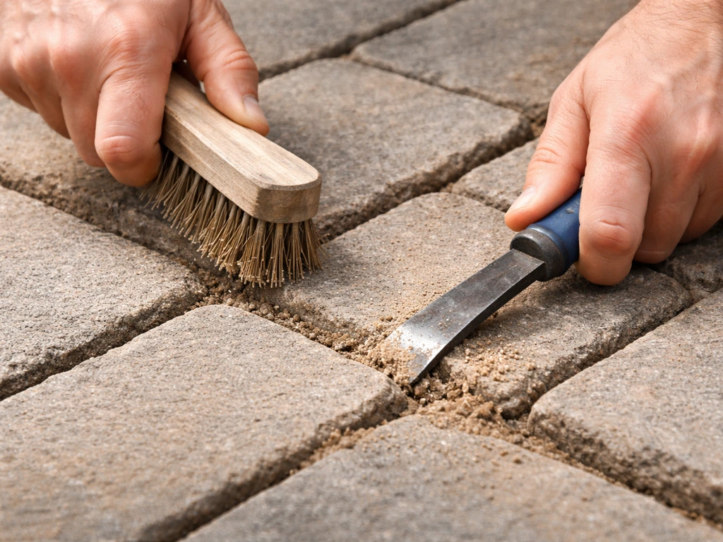 Close-up of hands scraping grout from stone joints with a brush and flat pry bar.