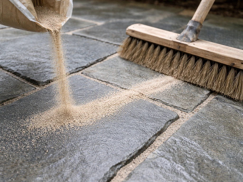 Polymeric jointing sand being poured and swept into bluestone patio joints with a push broom.