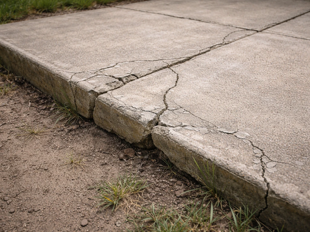 Broken cement patio with visible cracks, spalling concrete, and a heaving/sinking step section