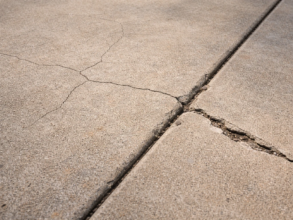 Close-up of a concrete patio showing hairline cracks alongside wider cracked sections and chipped edges.
