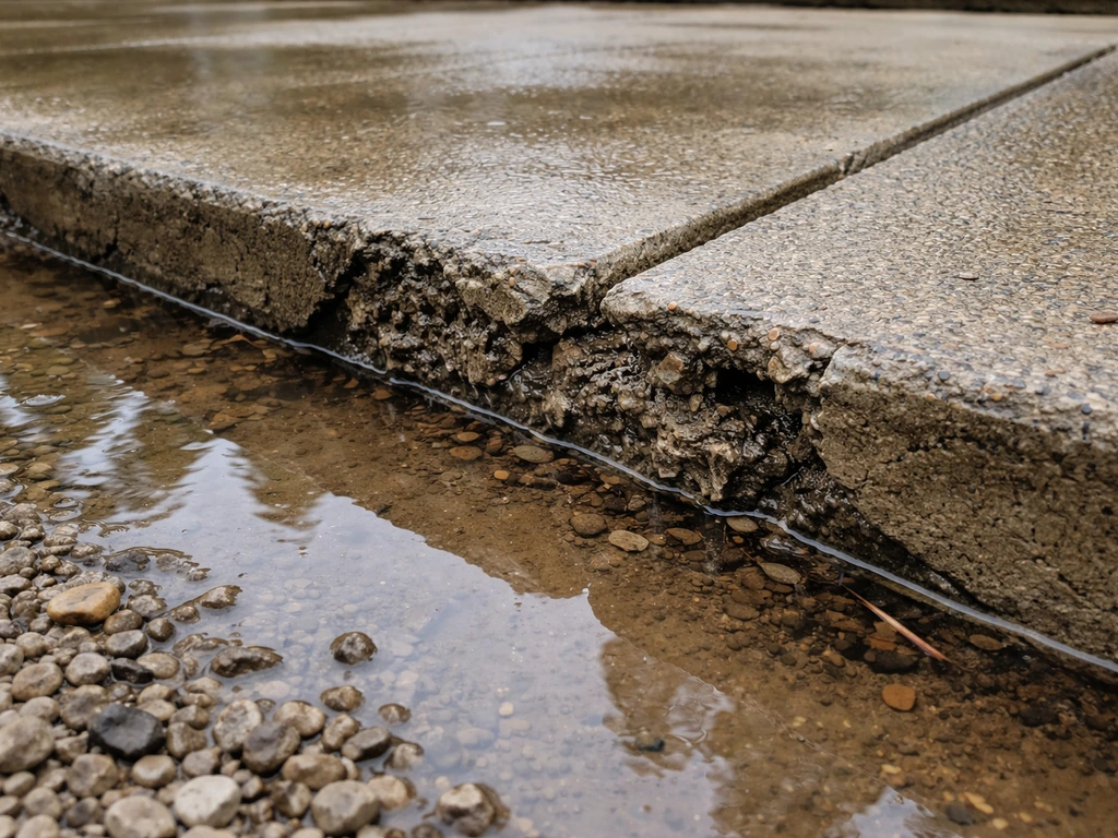 Patio slab edge with pooled water and visible spalling cracks from freeze-thaw damage