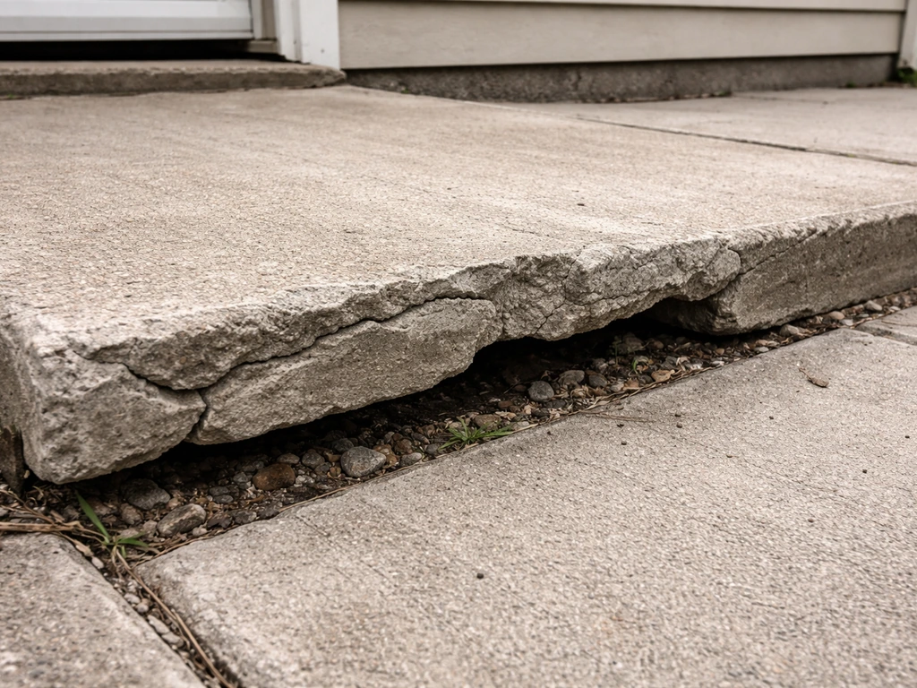 Close-up of a heaving, cracked concrete step with jagged edges forming a trip hazard.