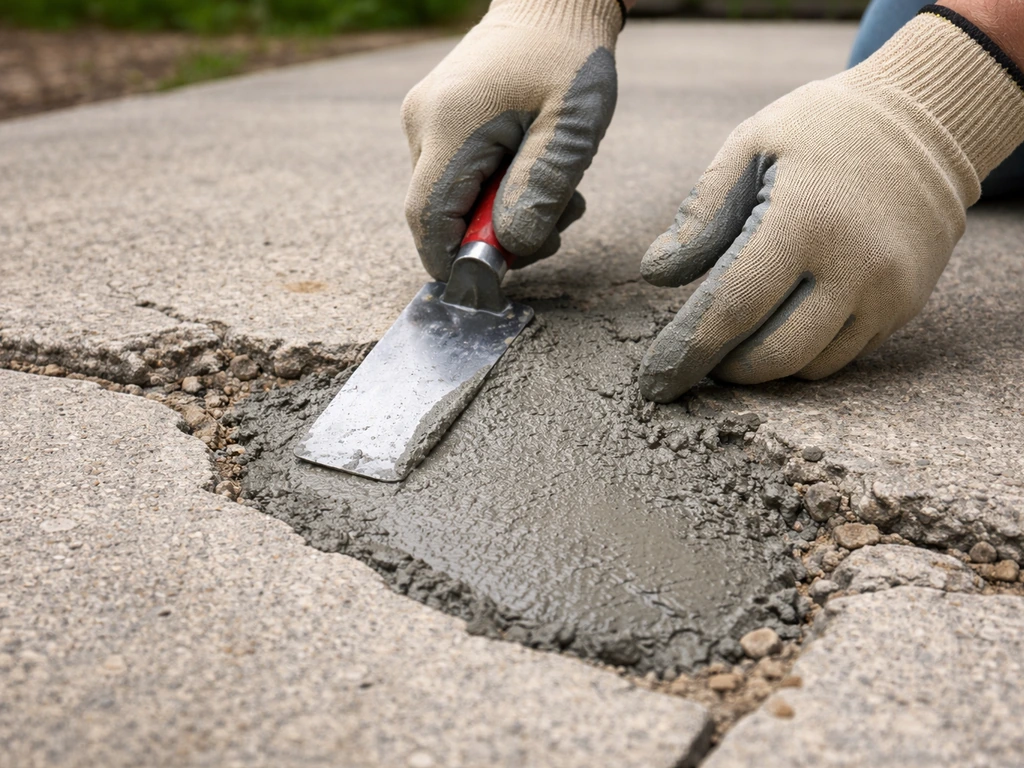 Hands troweling concrete patch mix into a prepared crack on a sidewalk or driveway