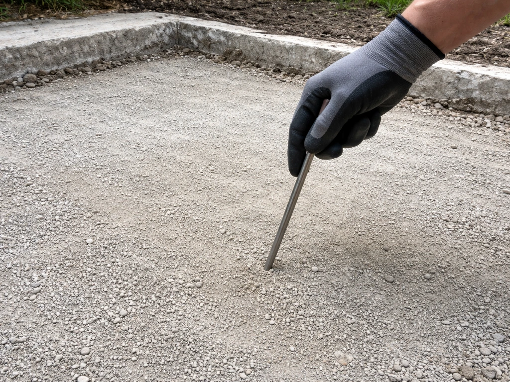 Gloved hand probes exposed compacted subbase with a rod after concrete removal.
