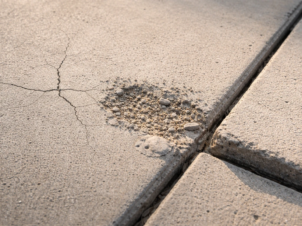 Close-up of concrete patio slab with hairline cracks, spalling, and slight unevenness.