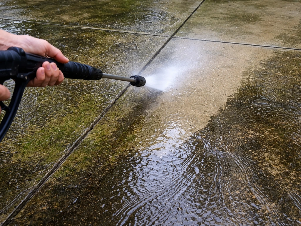 Pressure washer blasting algae-stained concrete patio with visible spray and runoff water.