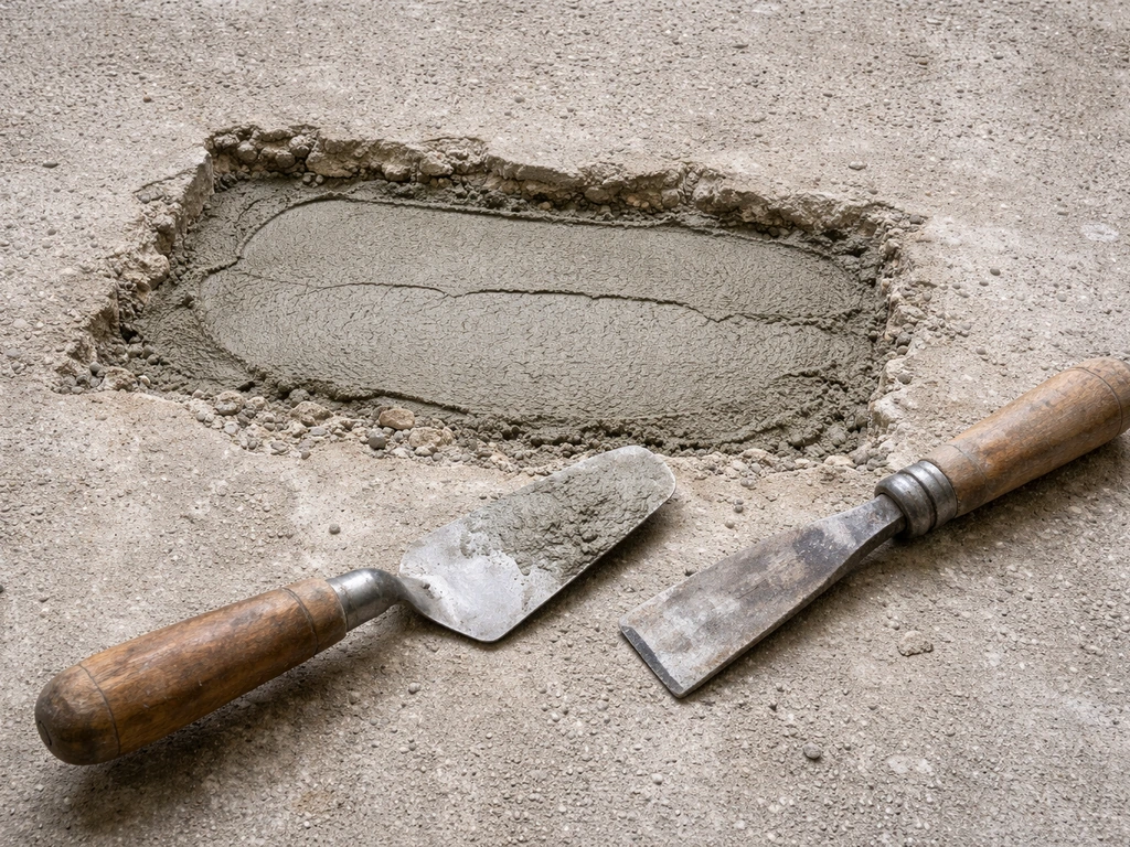 Worker tools and patch mortar on an exposed pitted concrete spall area, showing spalling repair in progress.